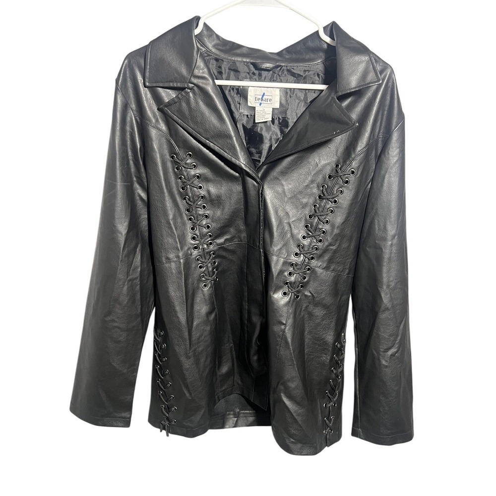 Beware Women's Black Faux Leather Lace-Up Jacket Blazer‎ Style Size L